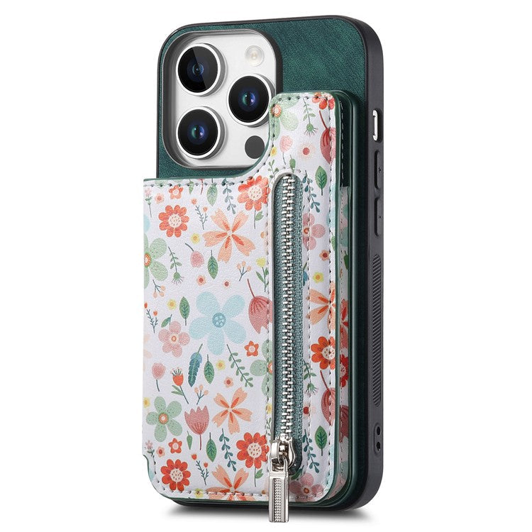 D10 For iPhone 16 Pro Case Pattern Kickstand Wallet Leather+TPU Phone Cover RFID Blocking - Green