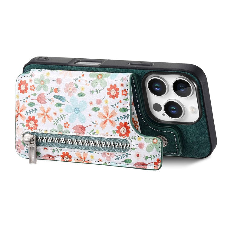 D10 For iPhone 16 Pro Case Pattern Kickstand Wallet Leather+TPU Phone Cover RFID Blocking - Green