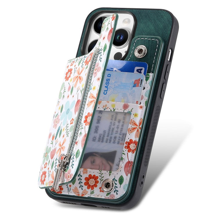 D10 For iPhone 16 Pro Case Pattern Kickstand Wallet Leather+TPU Phone Cover RFID Blocking - Green