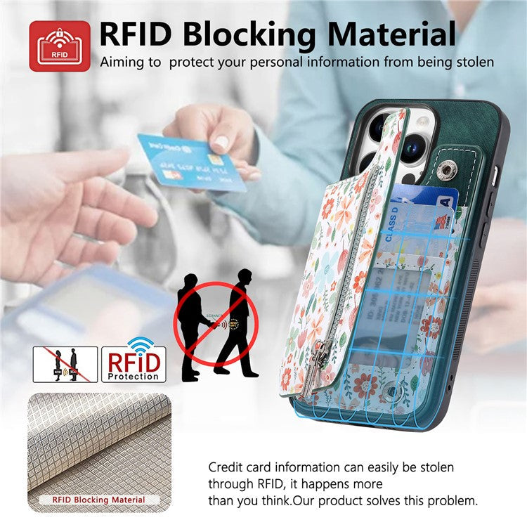 D10 For iPhone 16 Pro Case Pattern Kickstand Wallet Leather+TPU Phone Cover RFID Blocking - Green