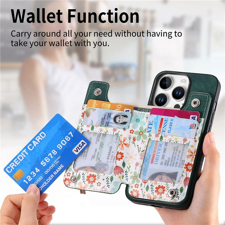 D10 For iPhone 16 Pro Case Pattern Kickstand Wallet Leather+TPU Phone Cover RFID Blocking - Green