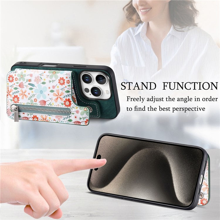 D10 For iPhone 16 Pro Case Pattern Kickstand Wallet Leather+TPU Phone Cover RFID Blocking - Green