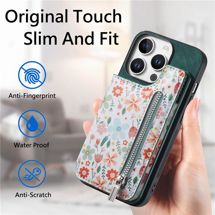 D10 For iPhone 16 Pro Case Pattern Kickstand Wallet Leather+TPU Phone Cover RFID Blocking - Green