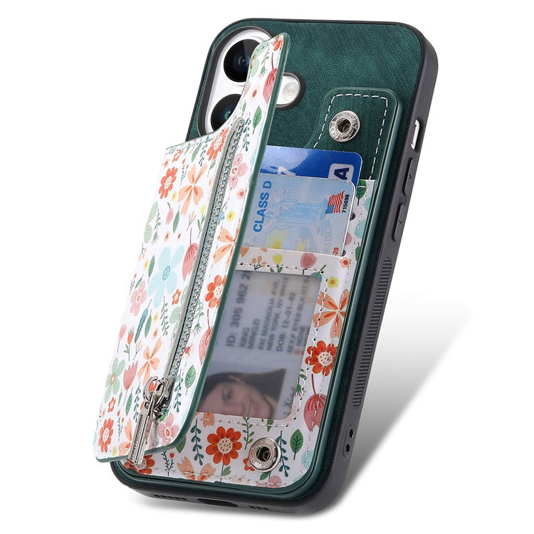 D10 For iPhone 16 Case Pattern Kickstand Wallet Leather+TPU Phone Cover RFID Blocking - Green