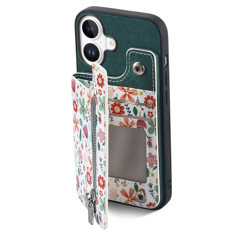 D10 For iPhone 16 Case Pattern Kickstand Wallet Leather+TPU Phone Cover RFID Blocking - Green
