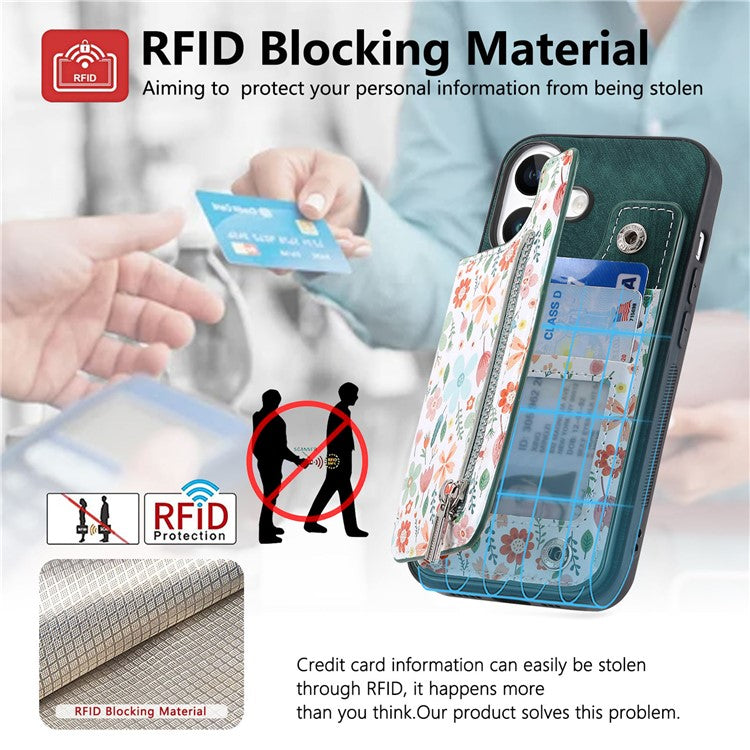 D10 For iPhone 16 Case Pattern Kickstand Wallet Leather+TPU Phone Cover RFID Blocking - Green