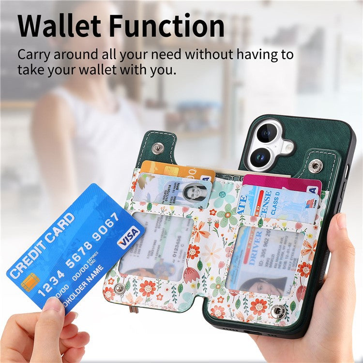 D10 For iPhone 16 Case Pattern Kickstand Wallet Leather+TPU Phone Cover RFID Blocking - Green