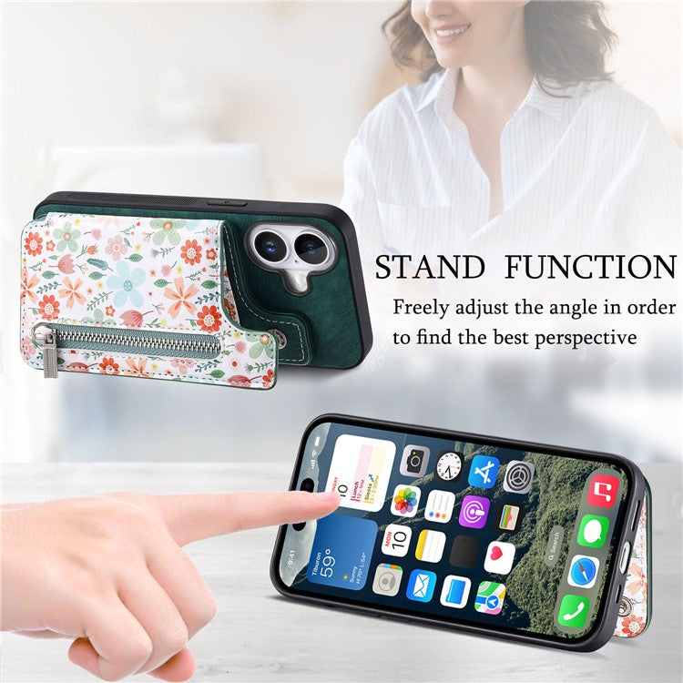 D10 For iPhone 16 Case Pattern Kickstand Wallet Leather+TPU Phone Cover RFID Blocking - Green