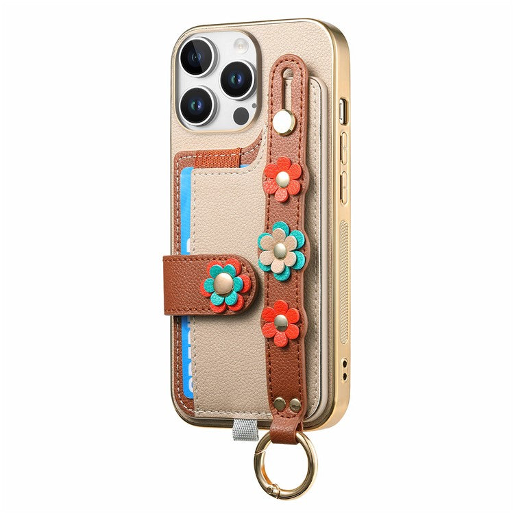 W2 For iPhone 16 Pro Case Card Holder Leather Back Cover 3D Flower Wristband - Khaki