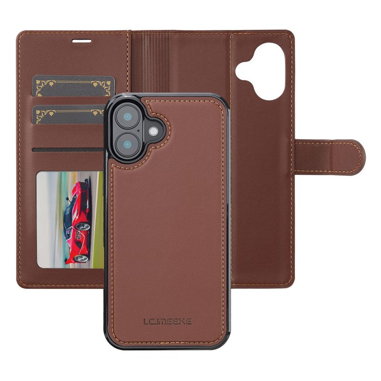 LC.IMEEKE L2 Series for iPhone 16 Case PU Leather Wallet Detachable Magnetic Phone Cover - Brown