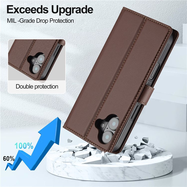 LC.IMEEKE L2 Series for iPhone 16 Case PU Leather Wallet Detachable Magnetic Phone Cover - Brown