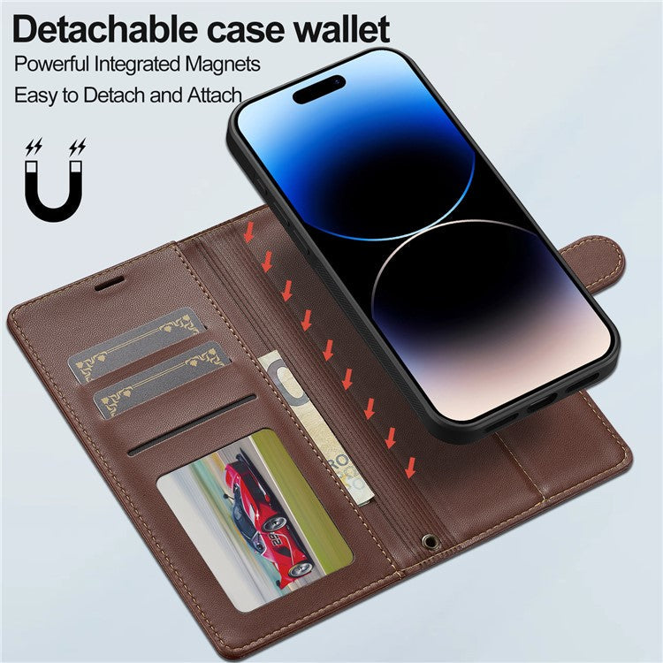 LC.IMEEKE L2 Series for iPhone 16 Case PU Leather Wallet Detachable Magnetic Phone Cover - Brown