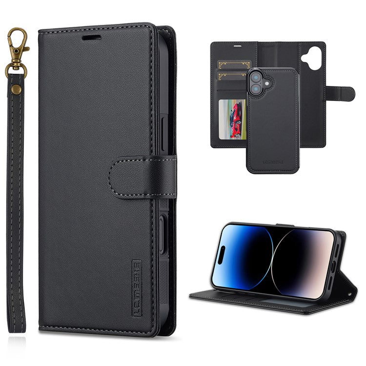 LC.IMEEKE L2 Series for iPhone 16 Case PU Leather Wallet Detachable Magnetic Phone Cover - Black