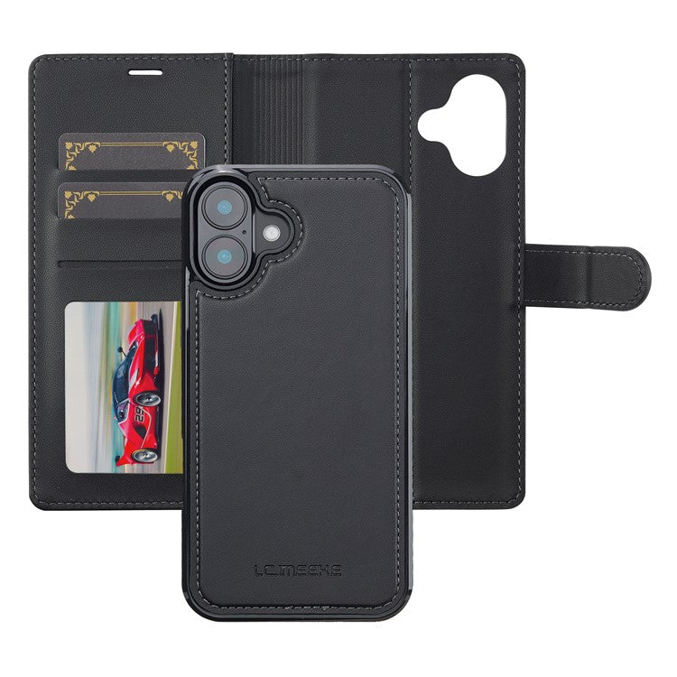 LC.IMEEKE L2 Series for iPhone 16 Case PU Leather Wallet Detachable Magnetic Phone Cover - Black