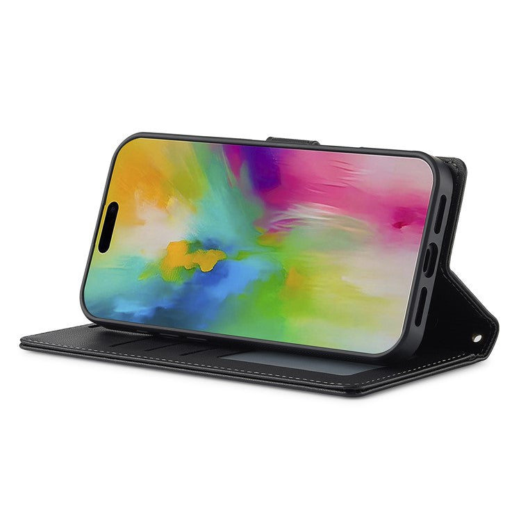 LC.IMEEKE L2 Series for iPhone 16 Case PU Leather Wallet Detachable Magnetic Phone Cover - Black