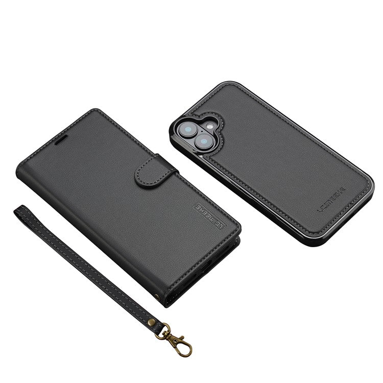 LC.IMEEKE L2 Series for iPhone 16 Case PU Leather Wallet Detachable Magnetic Phone Cover - Black