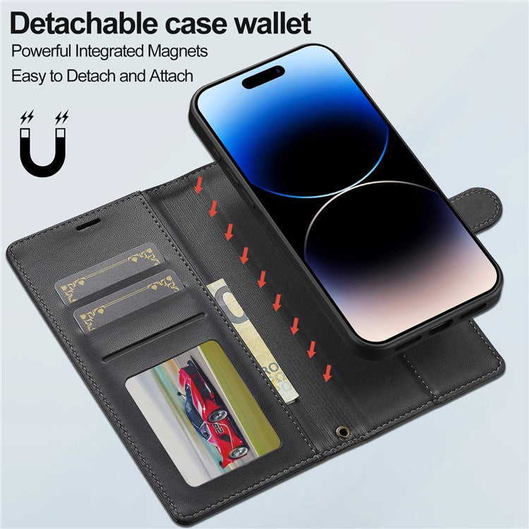 LC.IMEEKE L2 Series for iPhone 16 Case PU Leather Wallet Detachable Magnetic Phone Cover - Black