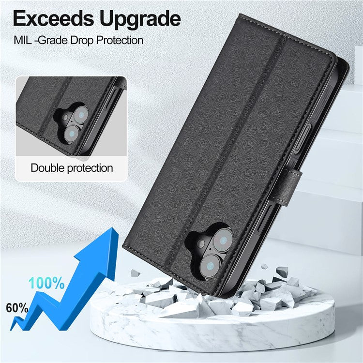 LC.IMEEKE L2 Series for iPhone 16 Case PU Leather Wallet Detachable Magnetic Phone Cover - Black