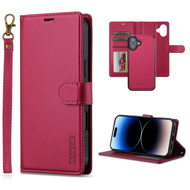 LC.IMEEKE L2 Series for iPhone 16 Plus Case PU Leather Wallet Detachable Magnetic Phone Cover - Red