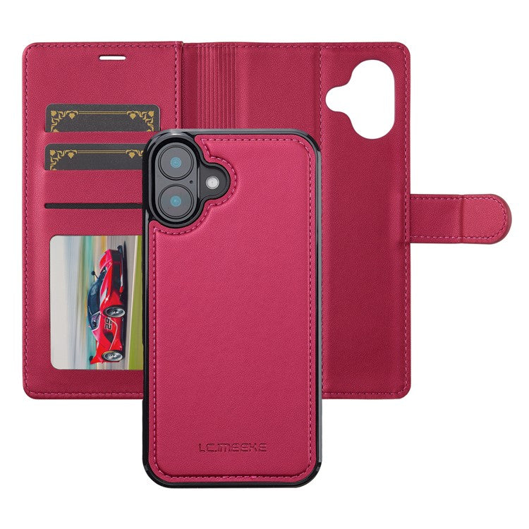 LC.IMEEKE L2 Series for iPhone 16 Plus Case PU Leather Wallet Detachable Magnetic Phone Cover - Red