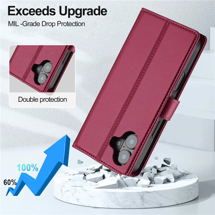 LC.IMEEKE L2 Series for iPhone 16 Plus Case PU Leather Wallet Detachable Magnetic Phone Cover - Red