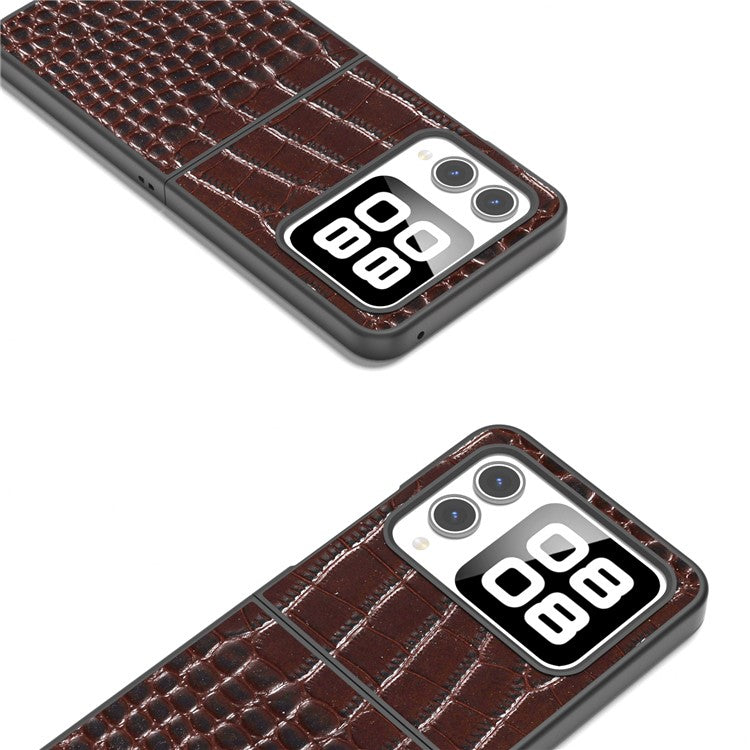 ABEEL For Huawei nova Flip 5G Case Genuine Cow Leather Back Phone Cover Crocodile Texture - Coffee