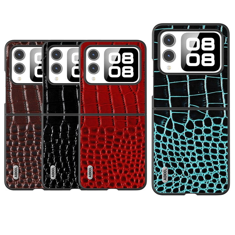 ABEEL For Huawei nova Flip 5G Case Genuine Cow Leather Back Phone Cover Crocodile Texture - Black