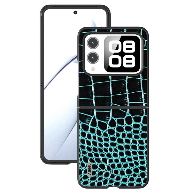 ABEEL For Huawei nova Flip 5G Case Genuine Cow Leather Back Phone Cover Crocodile Texture - Midnight Green