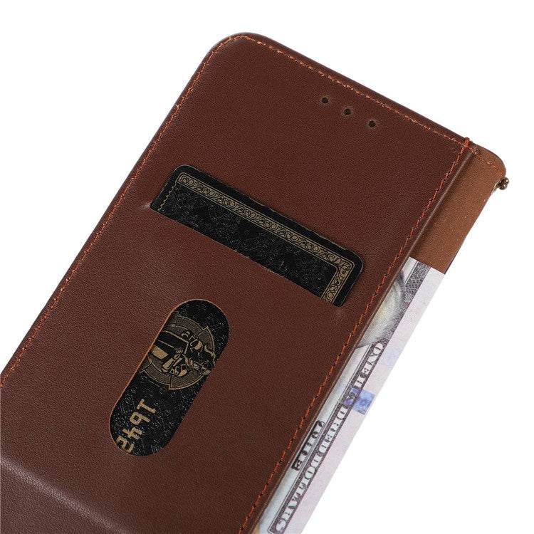 KHAZNEH For iPhone 16e Case Genuine Cow Leather Wallet Phone Cover Nappa Texture - Brown