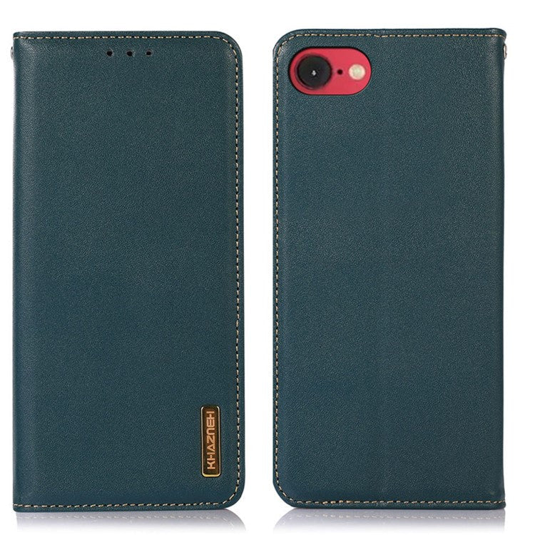 KHAZNEH For iPhone 16e Case Genuine Cow Leather Wallet Phone Cover Nappa Texture - Green