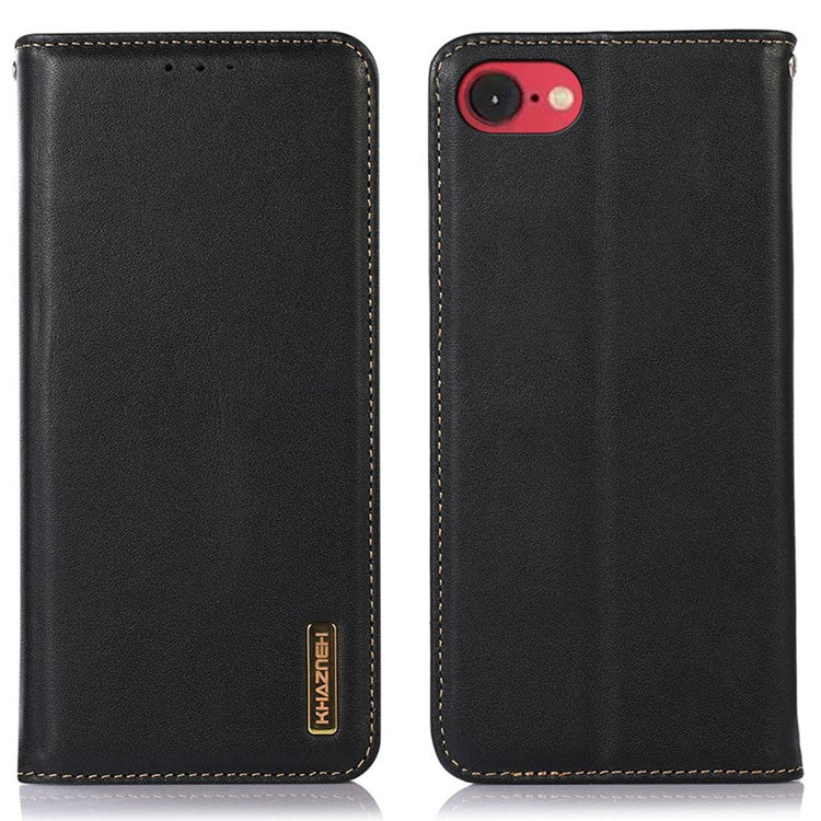 KHAZNEH For iPhone 16e Case Genuine Cow Leather Wallet Phone Cover Nappa Texture - Black