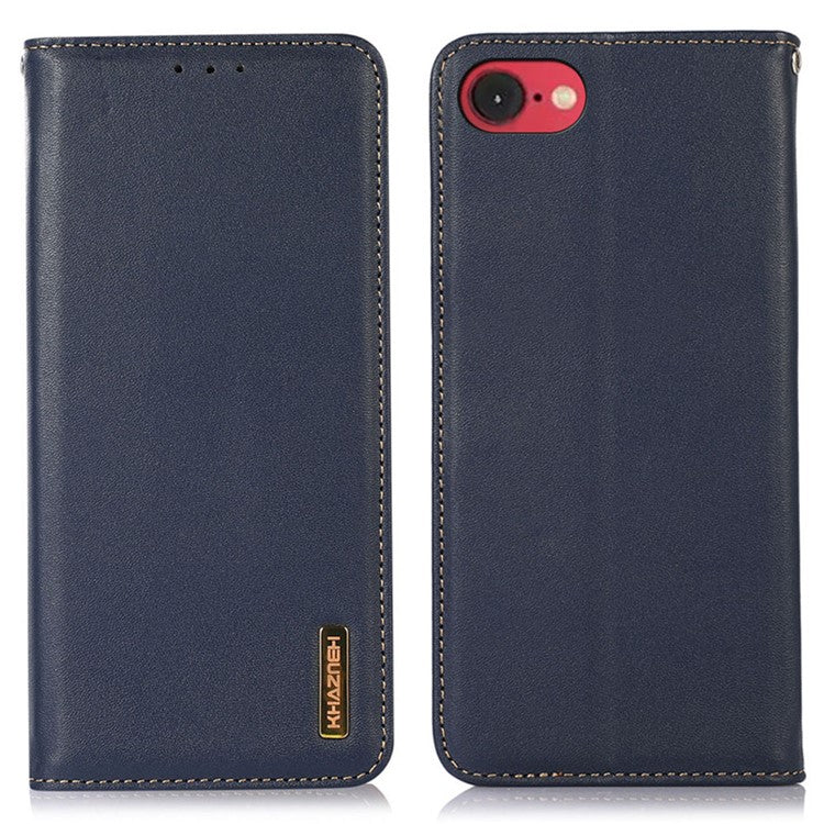 KHAZNEH For iPhone 16e Case Genuine Cow Leather Wallet Phone Cover Nappa Texture - Blue
