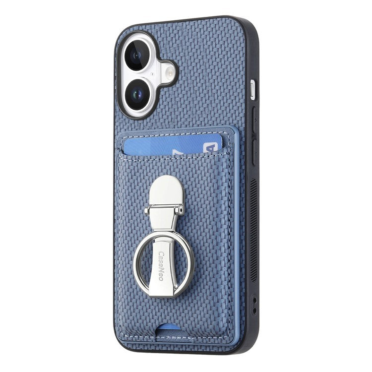 C1-9 For iPhone 16 Case Kickstand Leather Card Slots Back Cover Carbon Fiber Texture - Blue