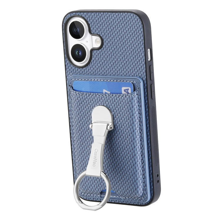 C1-9 For iPhone 16 Case Kickstand Leather Card Slots Back Cover Carbon Fiber Texture - Blue