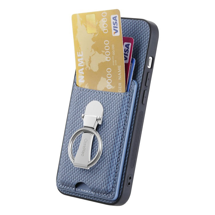 C1-9 For iPhone 16 Case Kickstand Leather Card Slots Back Cover Carbon Fiber Texture - Blue