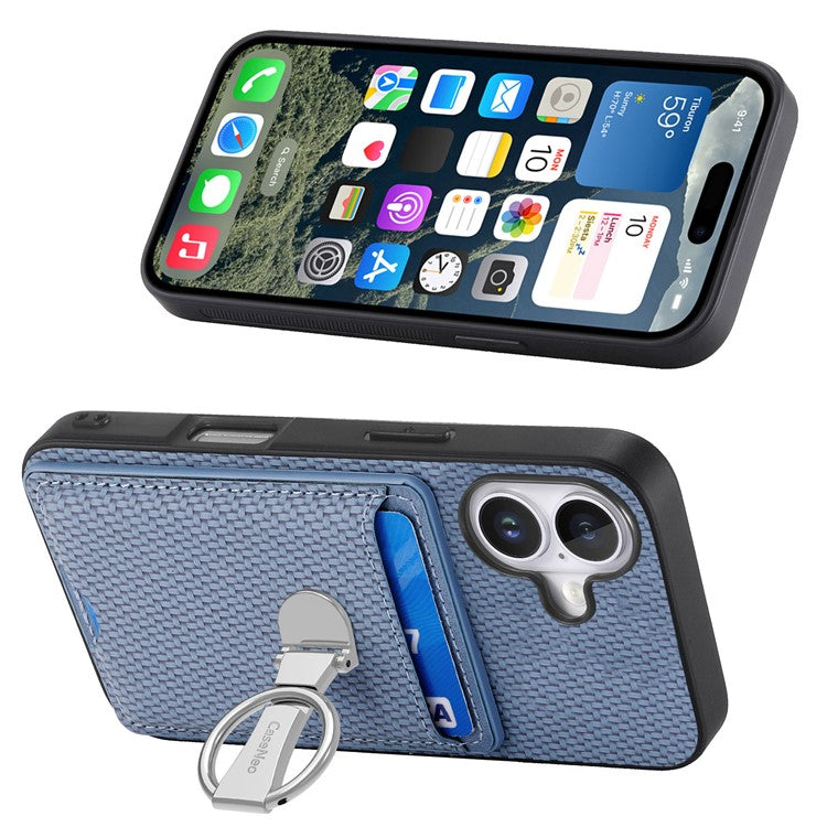 C1-9 For iPhone 16 Case Kickstand Leather Card Slots Back Cover Carbon Fiber Texture - Blue