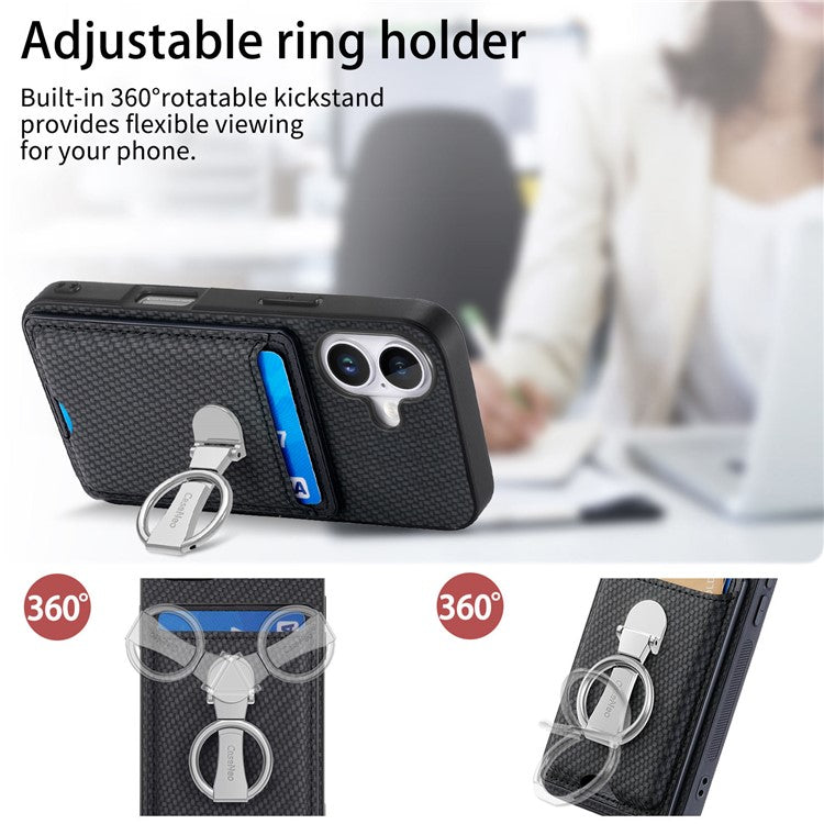 C1-9 For iPhone 16 Case Kickstand Leather Card Slots Back Cover Carbon Fiber Texture - Blue