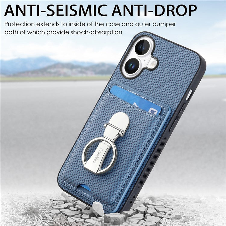 C1-9 For iPhone 16 Case Kickstand Leather Card Slots Back Cover Carbon Fiber Texture - Blue