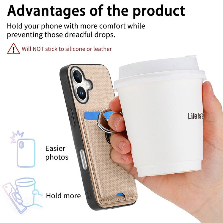 C1-9 For iPhone 16 Case Kickstand Leather Card Slots Back Cover Carbon Fiber Texture - Blue