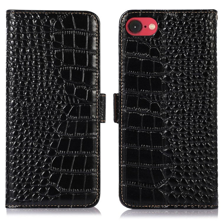 For iPhone 16e Case Crocodile Texture Genuine Cow Leather Phone Wallet Cover - Black