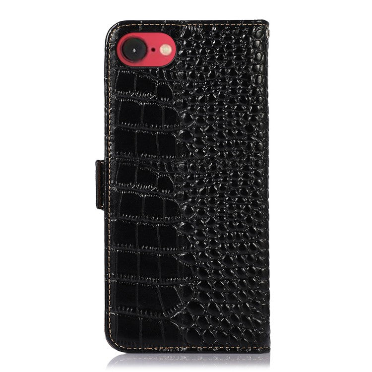 For iPhone 16e Case Crocodile Texture Genuine Cow Leather Phone Wallet Cover - Black