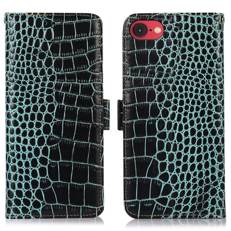 For iPhone 16e Case Crocodile Texture Genuine Cow Leather Phone Wallet Cover - Green