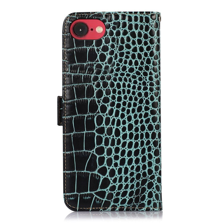 For iPhone 16e Case Crocodile Texture Genuine Cow Leather Phone Wallet Cover - Green