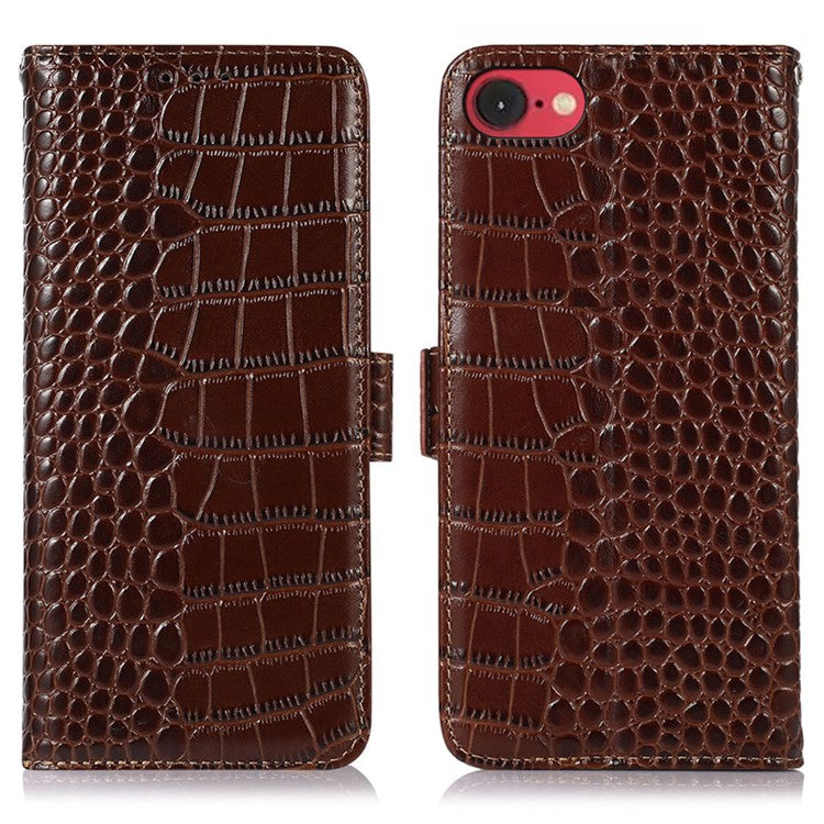 For iPhone 16e Case Crocodile Texture Genuine Cow Leather Phone Wallet Cover - Brown