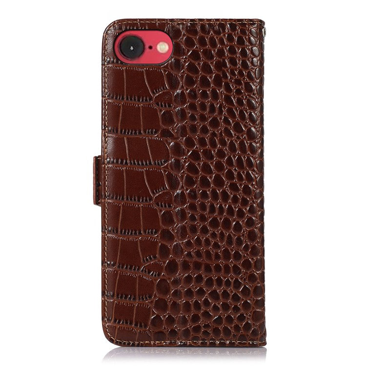 For iPhone 16e Case Crocodile Texture Genuine Cow Leather Phone Wallet Cover - Brown