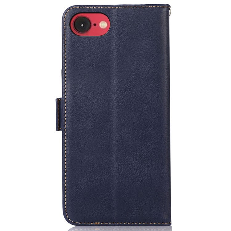For iPhone 16e Case RFID Blocking Genuine Cow Leather Wallet Phone Cover - Blue