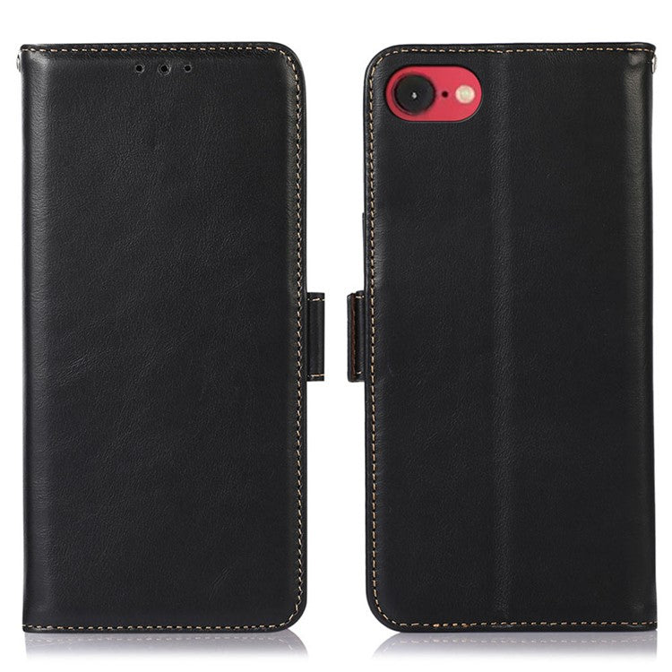 For iPhone 16e Case RFID Blocking Genuine Cow Leather Wallet Phone Cover - Black
