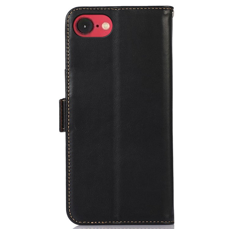 For iPhone 16e Case RFID Blocking Genuine Cow Leather Wallet Phone Cover - Black