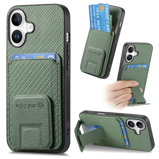 C1-11 for iPhone 16 Plus Case Card Holder Carbon Fiber Texture Leather Coated TPU Phone Cover - Green
