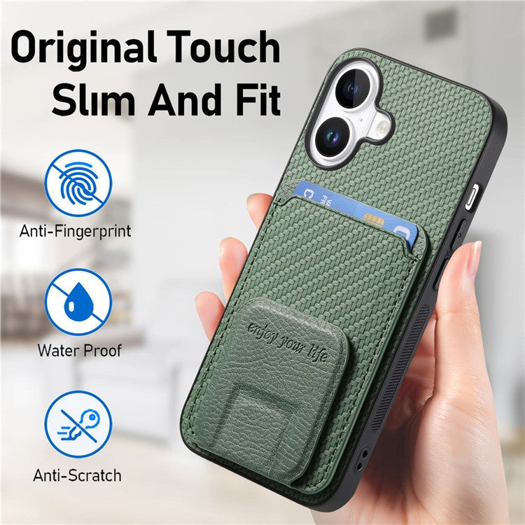 C1-11 for iPhone 16 Plus Case Card Holder Carbon Fiber Texture Leather Coated TPU Phone Cover - Green
